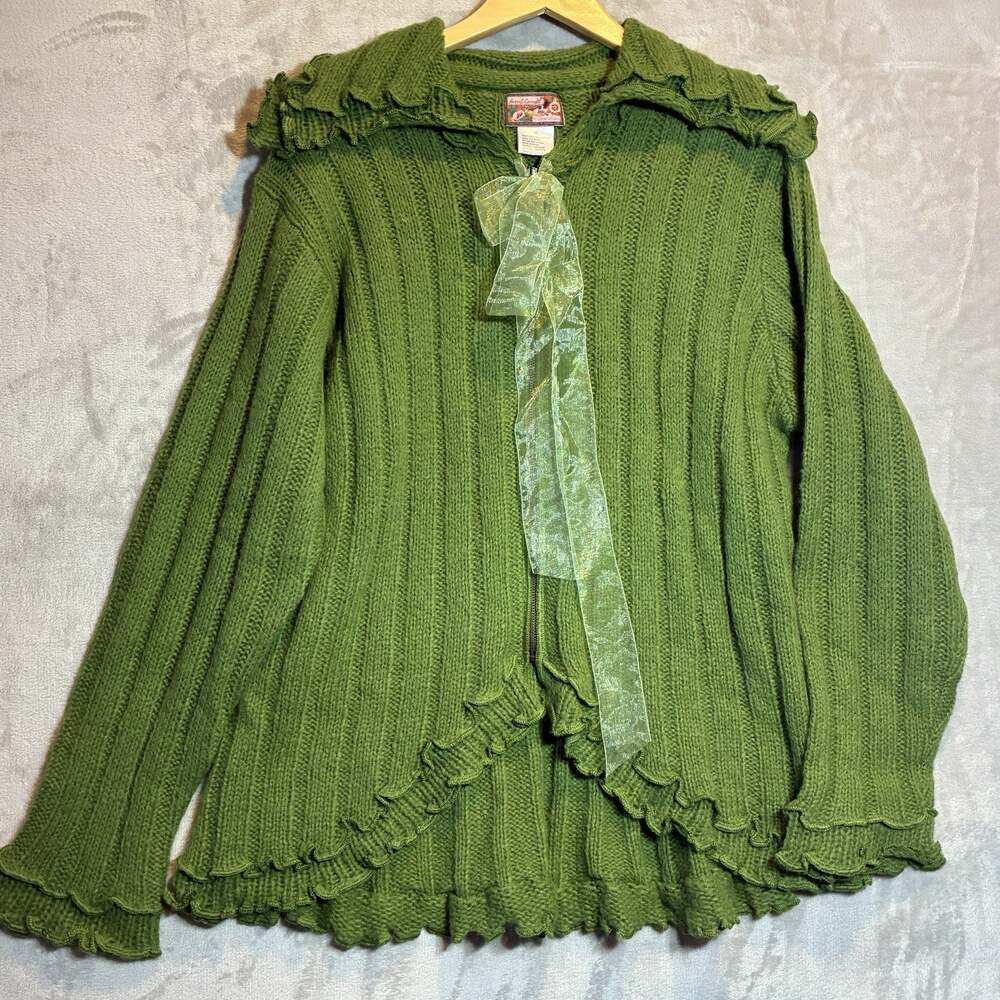 April Cornell Ribbed Ruffle Zip Cardigan Sweater Organza Ribbon Green Size XL